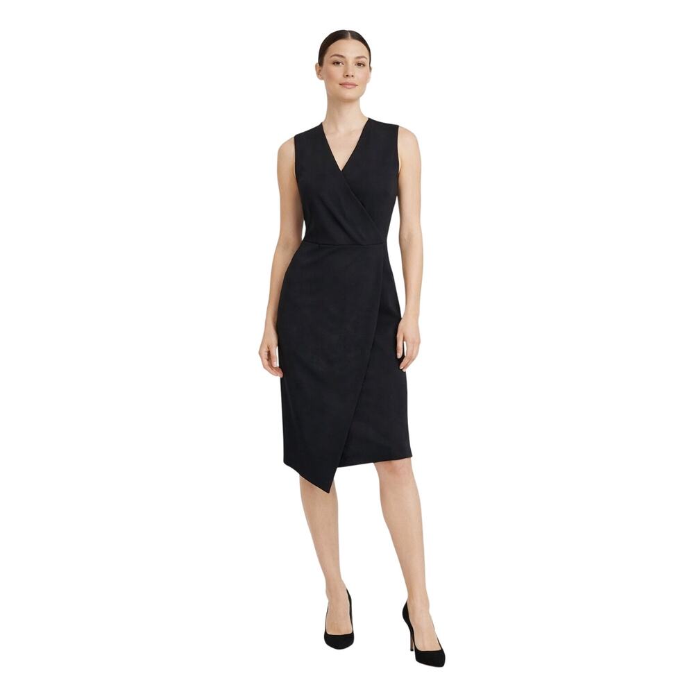 T Tahari Size 4 V-neck Asymmetric Hem Sheath Dress Black Career Formal Stretch